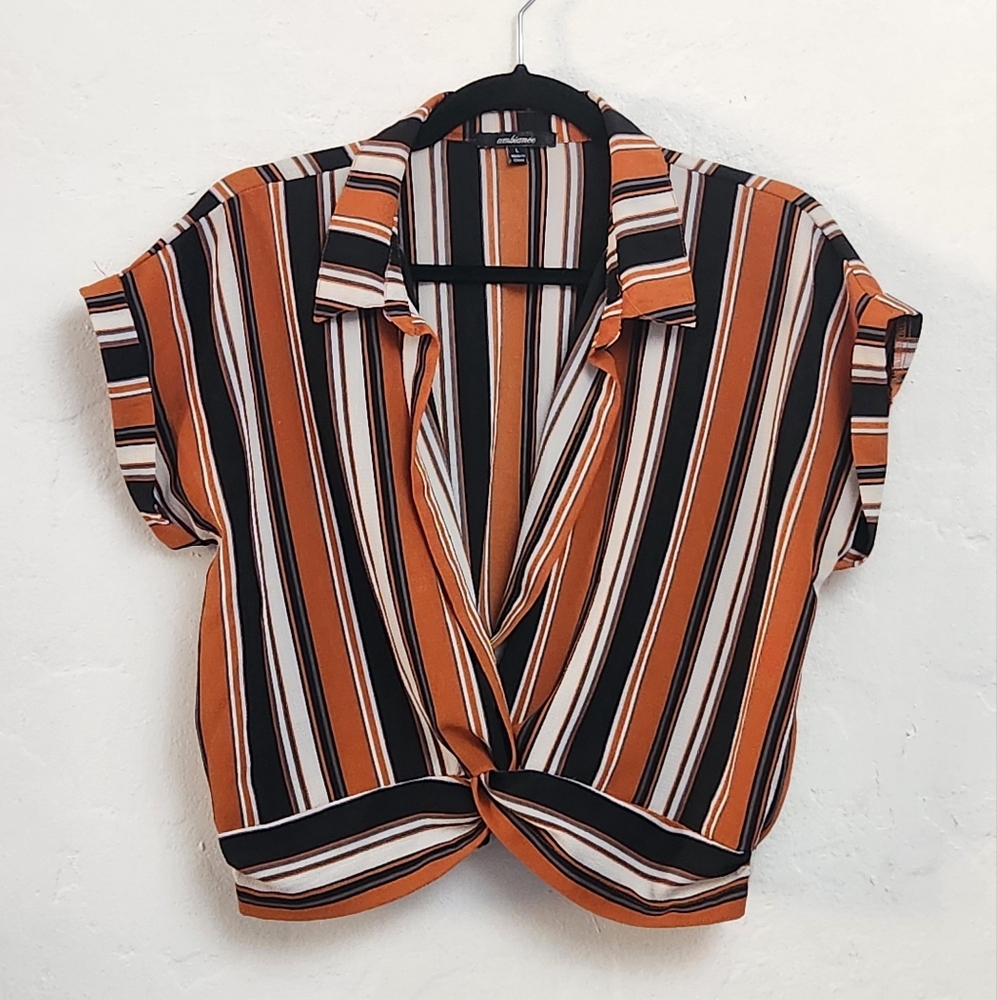 Ambiance Orange Striped Collar V-neck Short Sleeve Crop Top